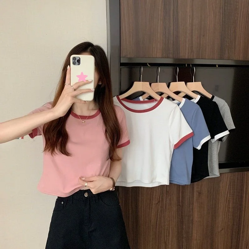 

Fashion Woman Blouses 2022 Summer Contrast Color Round Neck Short Sleeve T-shirt Women's Bottoming Shirt Korean Slim Fit Short