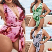 plus size bikini one piece swimsuit women sexy deep v neck floral print bikini swimwear beachwear tankini