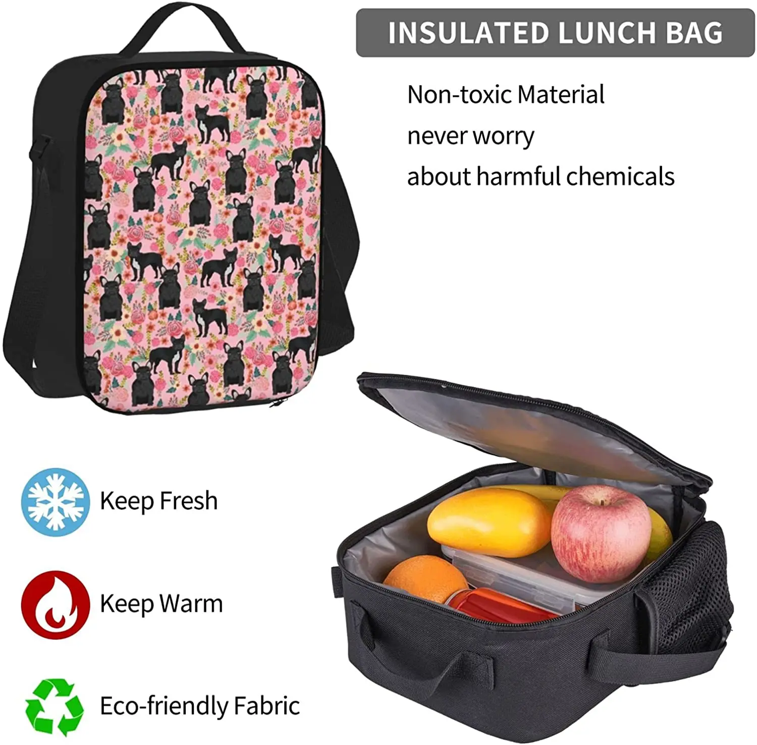 Bulldog Floral Fabric Black Backpack Set 3-Piece Teen Boys Girls Backpack Messenger Lunch Bag Pencil Case Set