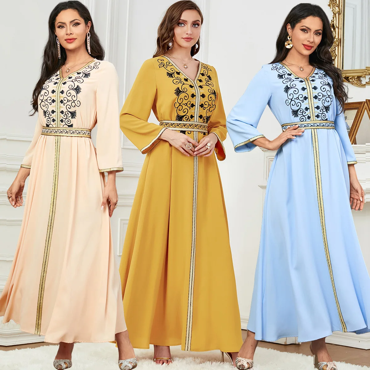 3626 Элегантная длинная юбка Дубай Халат Мусульманская одежда Платье с вышивкой