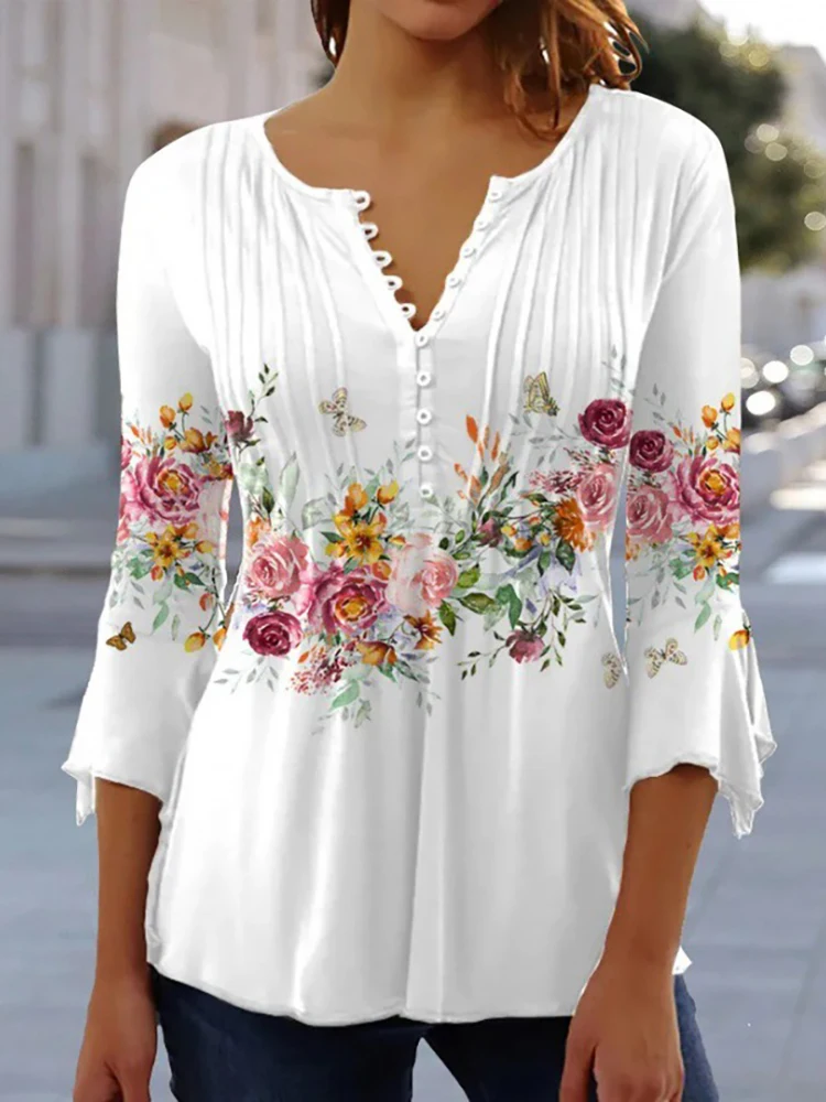 

V-Neck Elegant Office Lady Blouses Tops Blusas 2023 Casual Spring Summer Blouses Print Three Quarter Buttons Women Shirts