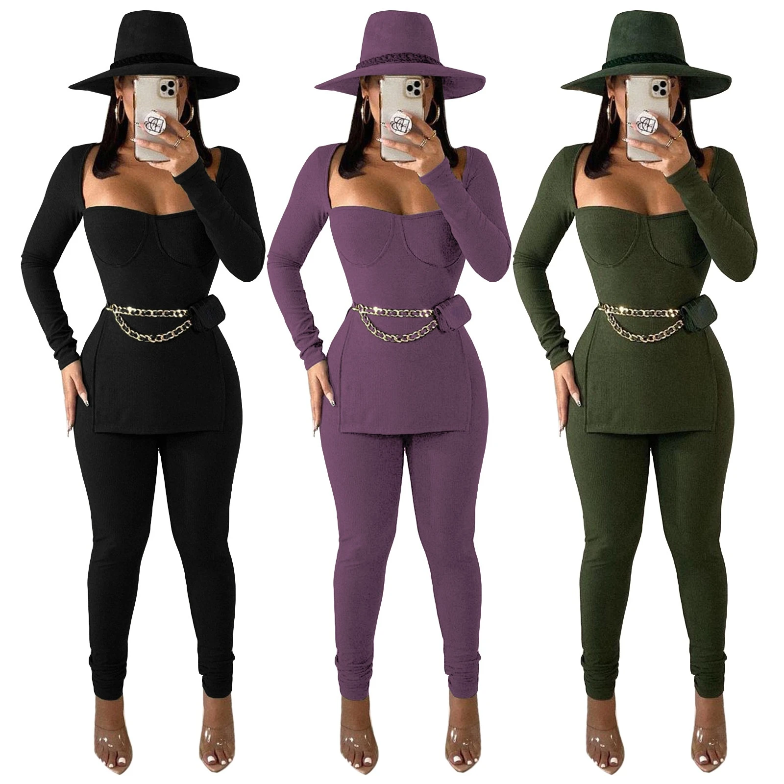 

Women's Clothing 2 Piece Sexy Tube Top Slim Slit Top and Skinny Pants Set Women's Solid Ribbed Two Piece Fall New