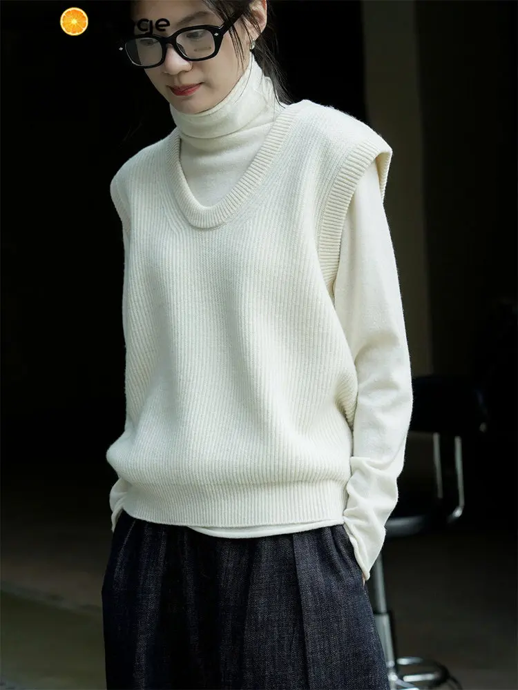HanOrange 2022 Winter Simple V-Neck Wool Vest Sweater Women Fashion Knitted Sleeveless Pullover Green/Grey Blue/Pink/Milky White