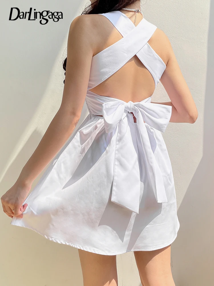

Darlingaga Fashion Chi Backless White Summer Beach Dress Mini Shirred Lace Up Bow Casual Female Dress Solid Ladies Sundress Sexy