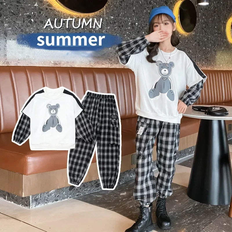 

Комплект одежды с мультяшным медведем для девочек-подростков, клетчатые толстовки с длинным рукавом и штаны, хлопковый спортивный костюм, осень