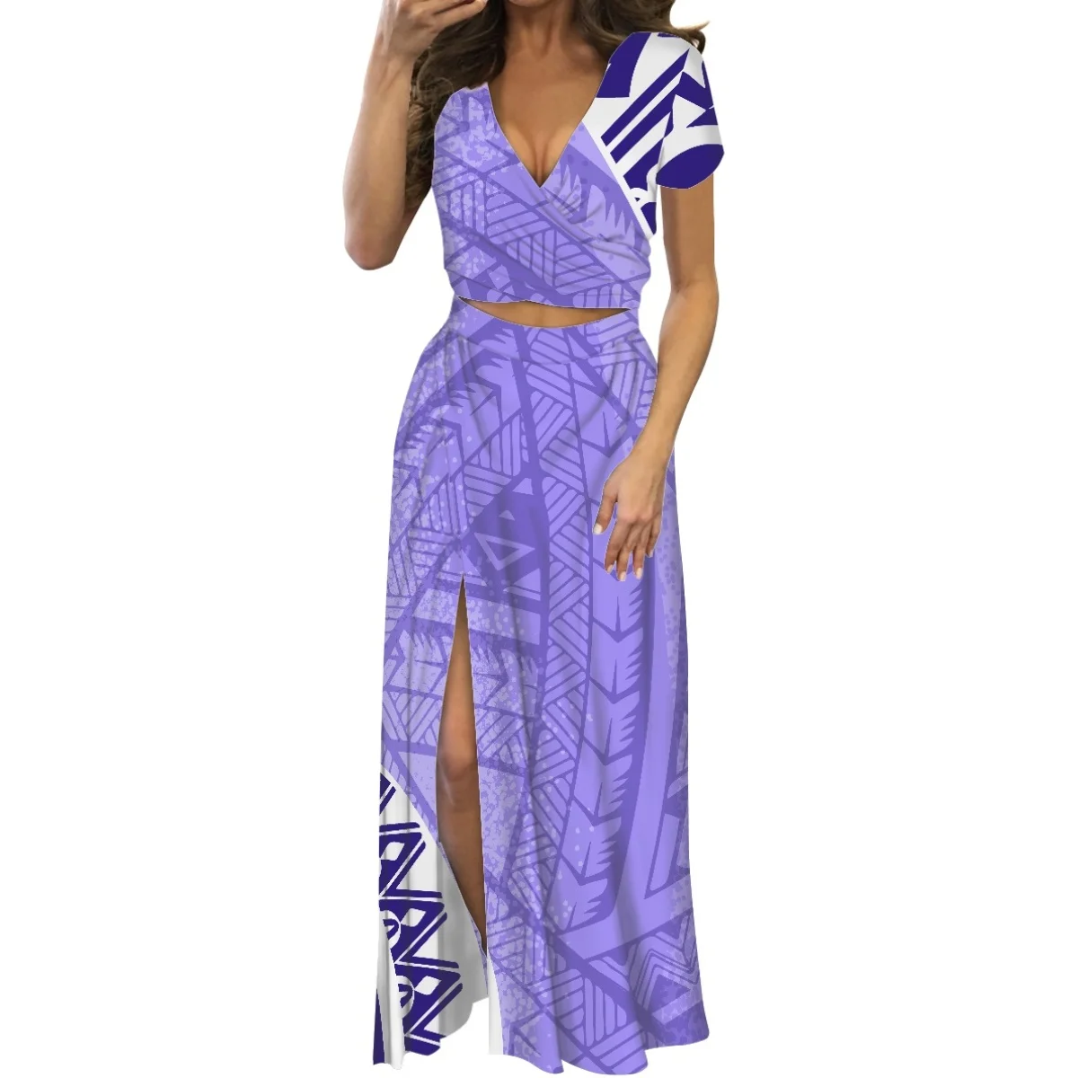 

HYCOOL Polynesian Tribal Purple Tonga Design Prints V-neck Short Sleeve Two-Piece Princess Lady Belted Bow Summer Dress