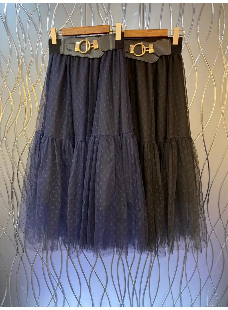 

Женская бальная юбка в горошек, темно-синяя или черная элегантная юбка до середины икры с поясом на резинке, бальное платье для вечеринок, Осень-зима 2022