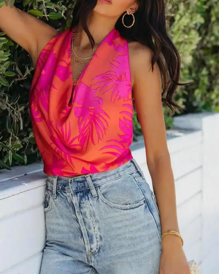 

Tops Women 2022 Sexy Plants Print Halter Backless Crop Top Elegant Temper All-Match Sleeveless Vacation Shirt Beach Streetwear