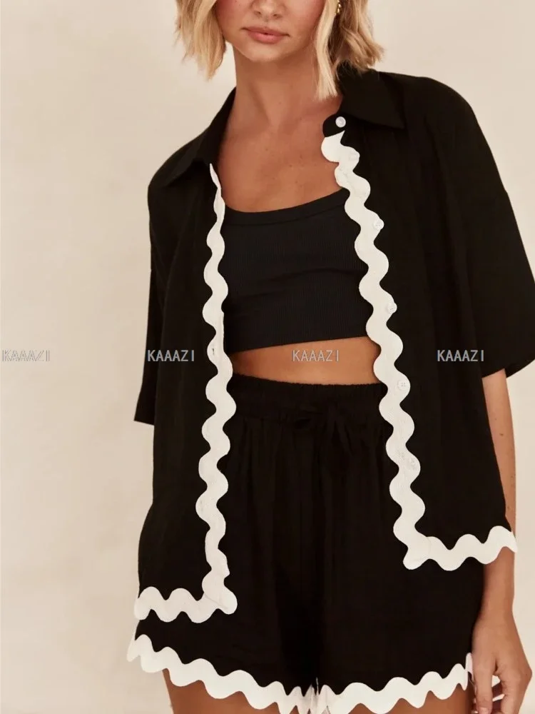 Повседневная Женская рубашка с коротким рукавом топ костюмы летние шорты