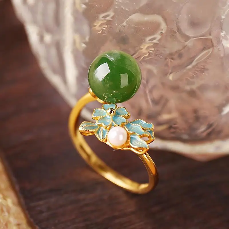 

Silver inlaid natural Hetian jade opening adjustable ring Chinese style retro Court Style Enamel Charm women's brand jewelry