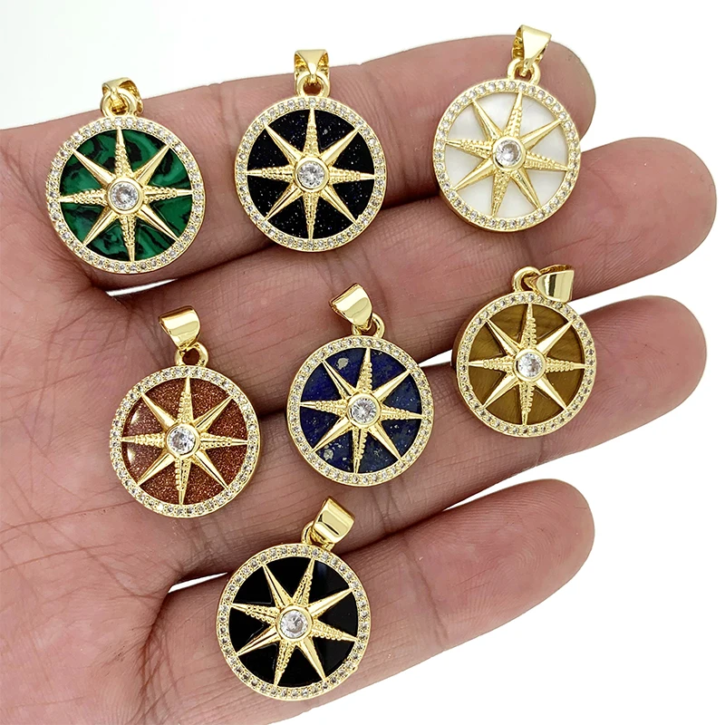 

High Grade Round Octagon Medal Beads Necklace Pendant Malachite/Shell/Agate DIY Gold Plated Zircon Jewelry Accessories For Women