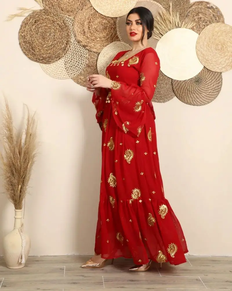 PLEINDI Bohemian Evening Dresses V-Neck Straight Long Sleeves Ankle-Length Chiffon 2022 New of Sequined Boho Prom Dress Women