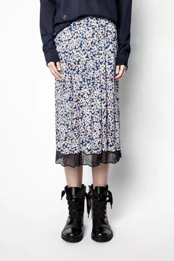 

Женские юбки, Новинка лета 2022, юбка средней длины из вискозы с кружевом и цветочным принтом, с эластичным поясом, для Парижа, Франции, 100%