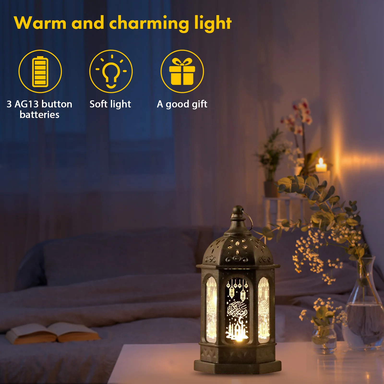 

Retro Ramadan Lantern Button Battery Powered LED Ramadan Candlestick Light Lighting Ornament Festival Decor for Home Patio Table