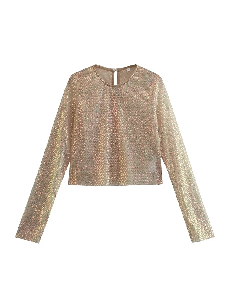 

Женские топы с блестками, новинка сезона весна-осень 2023, женские рубашки с круглым вырезом и длинным рукавом, женская сексуальная прозрачная блузка в клубном стиле