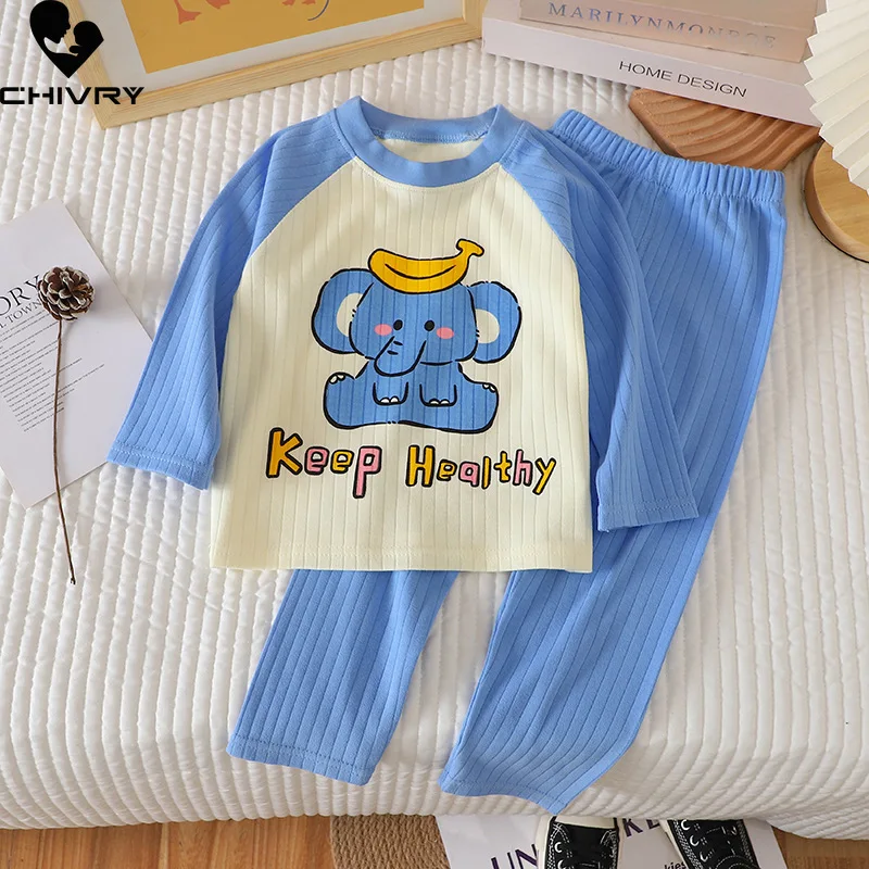 

Новинка, теплые пижамы для маленьких мальчиков и девочек, детская футболка с круглым вырезом и милыми мультяшными животными, топы и штаны, пижамы, комплекты детской осенней одежды