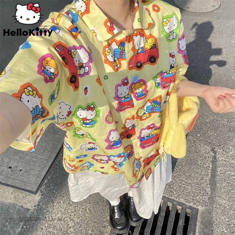 Sanrio Hello Kitty Colorful Graffiti Print Blouse 2022 Summer New Soft Girl Cute Cream Yellow Shirt Y2k Retro Women Kawaii Top