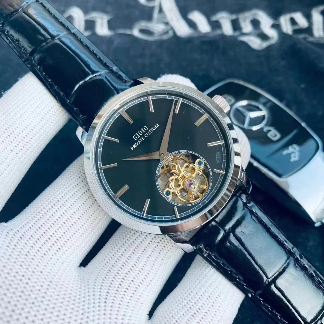 

Мужские автоматические механические часы с белым, розовым, золотым, черным кожаным ремешком Tourbillion