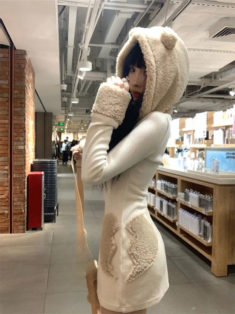 Женское платье Kawaii с милыми медвежьими ушками и капюшоном Y2k Эстетическая туника