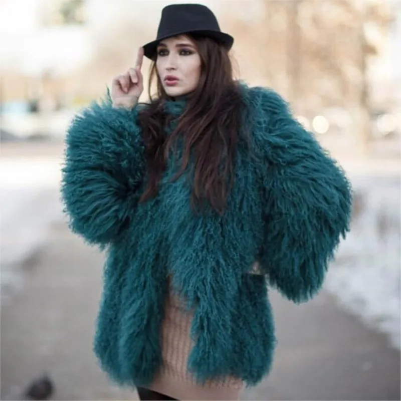 Women's Mongolia Lamb Fur Coat Tibet Sheep Fur Overcoat Lady Short Warm Sheep Skin Jacket Sheep Fur Real Fur Mid-length Outwear