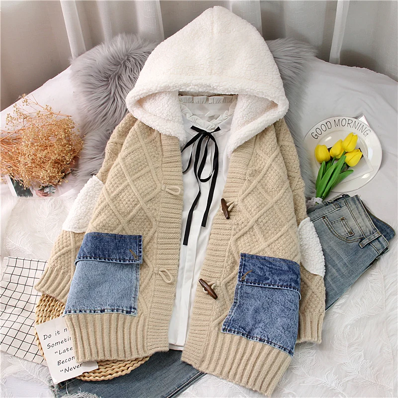 

DAYIFUN High Quality Sweater Coats Winter Thick Oversize Jackets Sweater Twist Hoodies Pockets Cashmere Fake Two-piece Sweaters