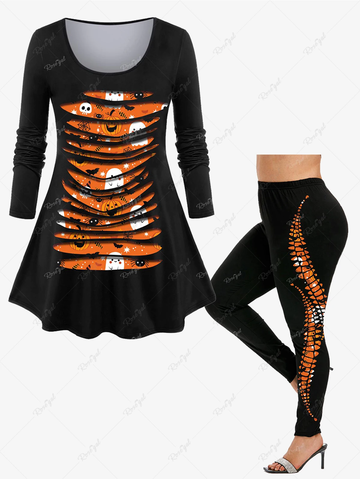 

plus size Ladies Halloween Pumpkin Glitter Skull Bat Star Spider Web 3D Printed T-shirt Or Leggings Daily Casual Matching Set