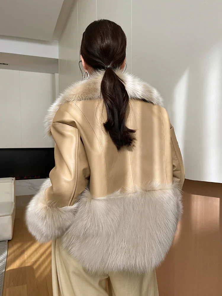 New Women Real Fur Coat Autumn Winter Fashion Casual Thick Warm Fox Fur Collar Stitching Sheepskin Fur Jacket Loose Outerwear