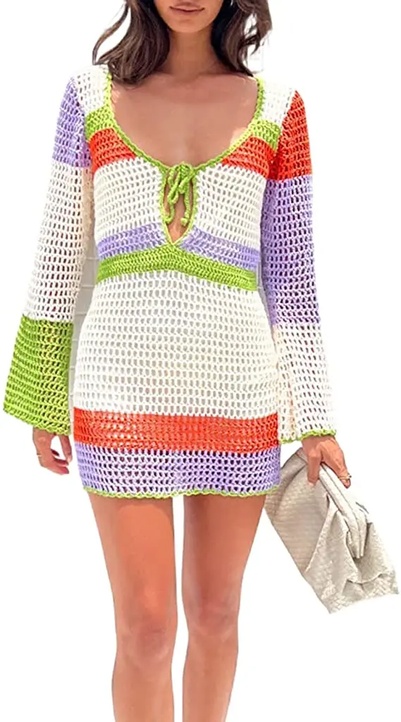 Women Knitted Cutout Bodycon Dresses Long Sleeve Crochet Dresses Deep V Neck Backless Mini Rib Colorful Dress