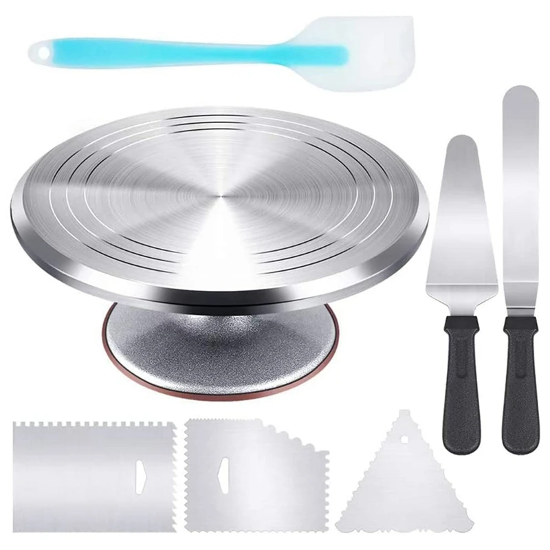 

Cake Rotary Table Aluminum 7Pcs Set 12 Inch Diameter Turntable Cake Decor Table 360° Rotation Rotary Table Baking Tool