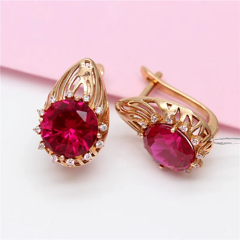 

585 purple gold crystal ruby earrings for women luxury classic plated 14K rose gold ear buckle wedding jewelry for girlfriend