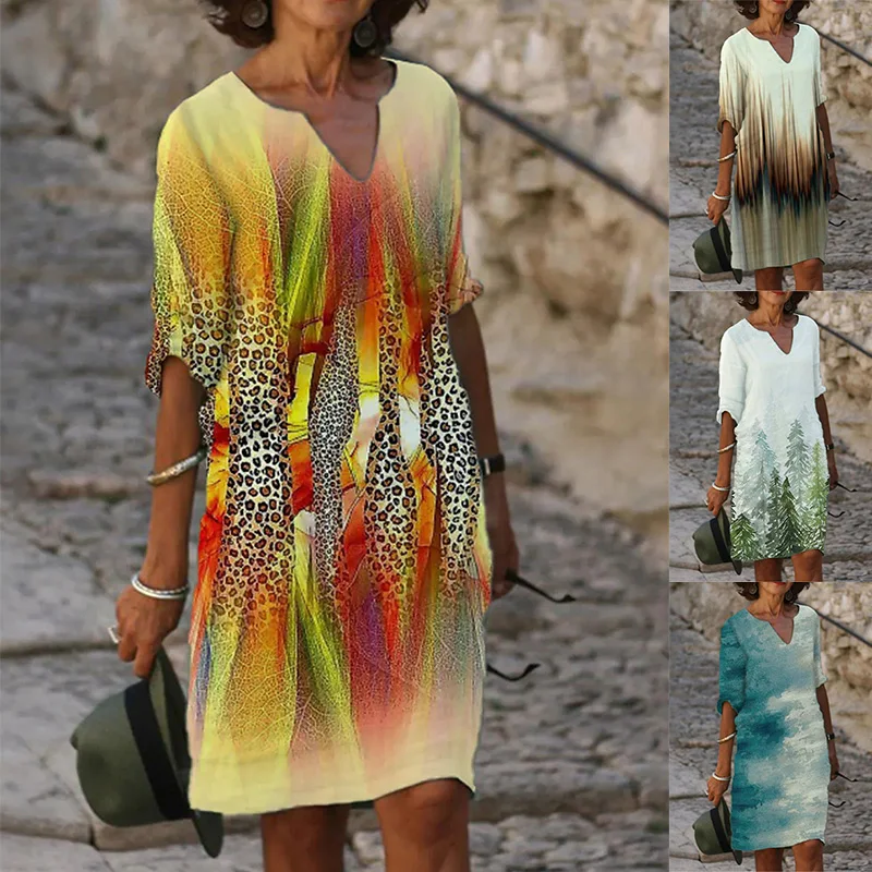 

New Fashion V Neck Half Sleeve Dress Women's Clothing Summer 2023 Printing Casual Robe Femme Basic Daily Vacation Beach Dresses