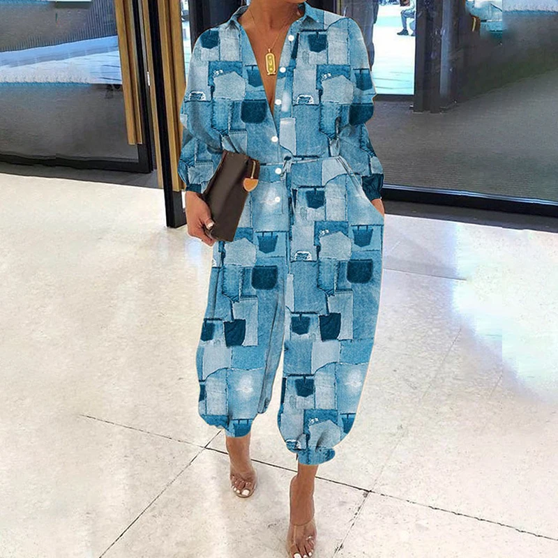 

Women Lapel Plaid Waist Long Pants Jumpsuit Fashion Streetwear Single-Breasted Playsuit 2022 Autumn Office Lady Pockets Romper