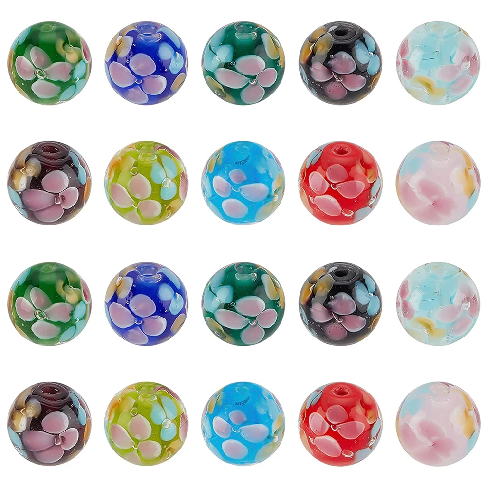 

20pcs 12mm Lampwork Round Beads with Plum Flower Petal Pattern For Earring Bracelet DIY Jewelry Making Findings Accessories