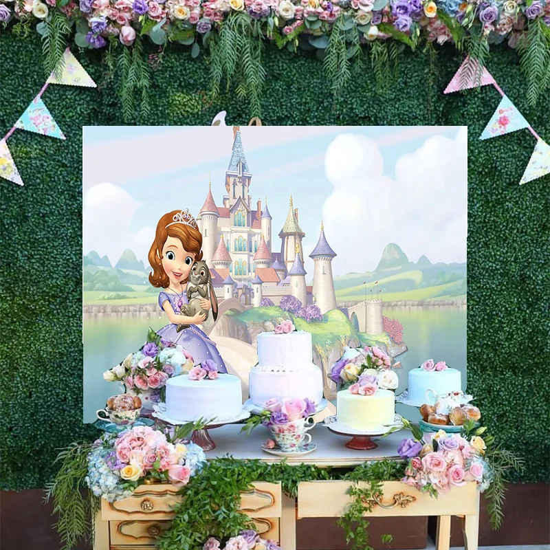 

Custom Disney Cartoon Little Princess Sofia Romantic Palace Backdrop Baby Happy Birthday Party Decoration Backgrounds Banner