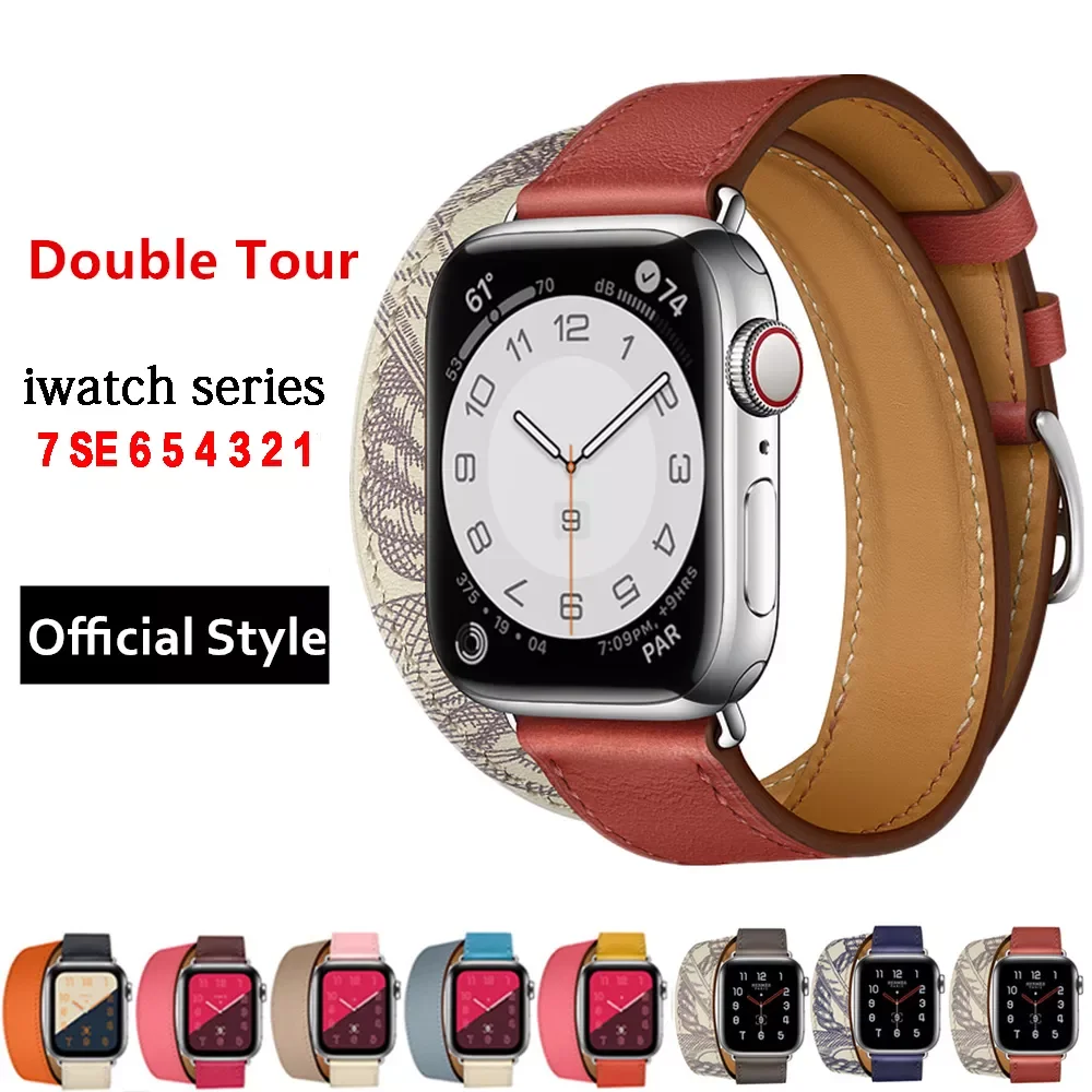 Double Tour For Apple watch band 44mm 40mm 45mm 41mm 38mm 42mm Genuine Leather watchband bracelet series 3 4 5 6 7 strap
