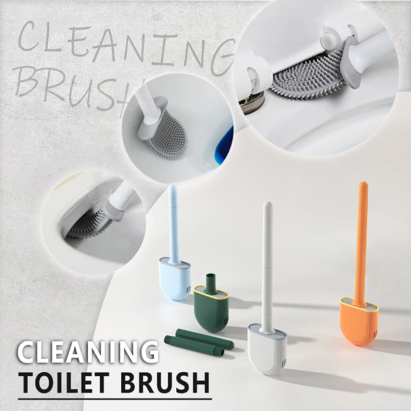 

Toilet Brush With Base Set Long Handle Silicone Bristles Toilet Cleaning Brush Flat Head Bathroom Flexible Soft Bristles Brush