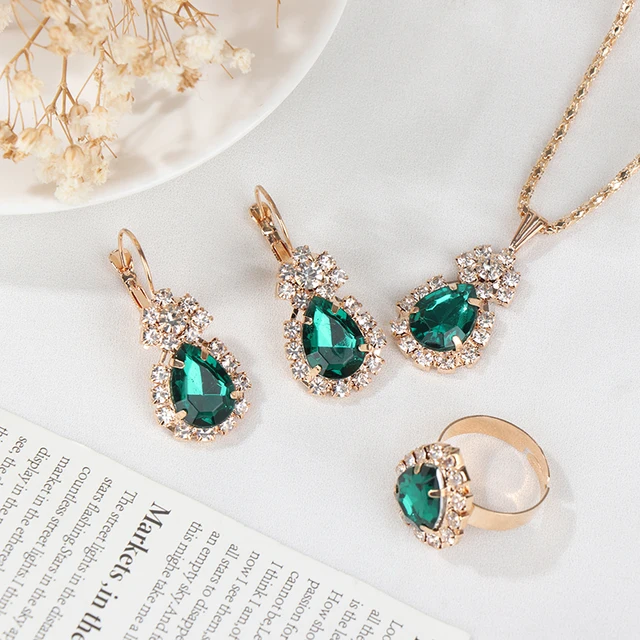 Luxury Original 18k gold earrings Gold Plated Jewelry Sets Fashion Women Bridal Water Drop Green Stone Necklace Earrings Sets 1