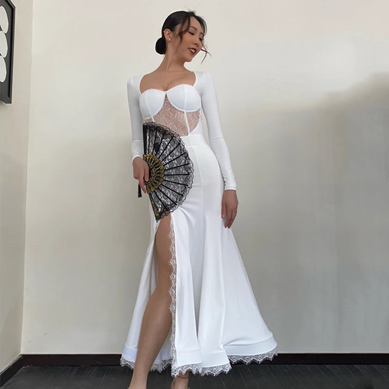 Платье для соревнований по бальному танцу женские белые кружевные топы юбка с