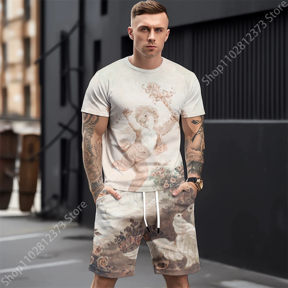 2023 Tracksuit Men Summer Men Casual Sport Men T-shirt+Shorts Two Piece Set Men Fashion Retro 3D Printing Street Clothes For Men