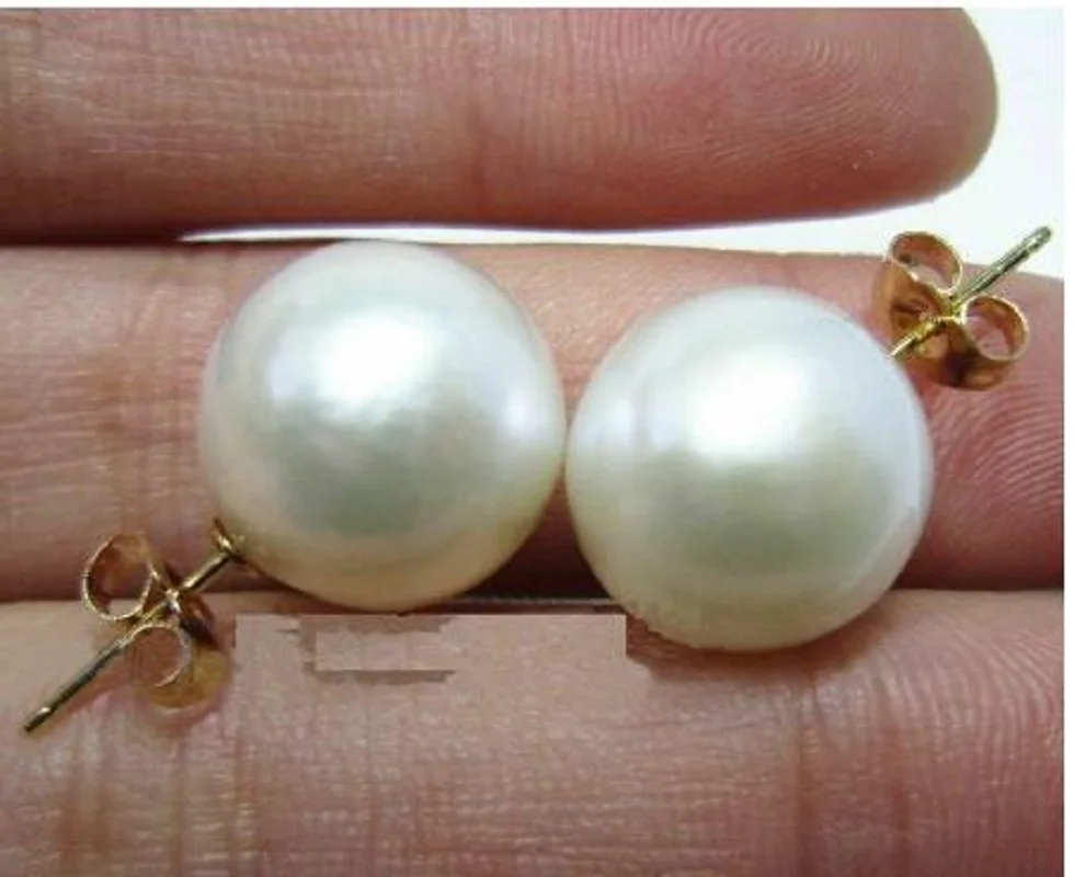 

Gorgeous large AAA 12-13mm South China Sea white pearl earrings 14K gold