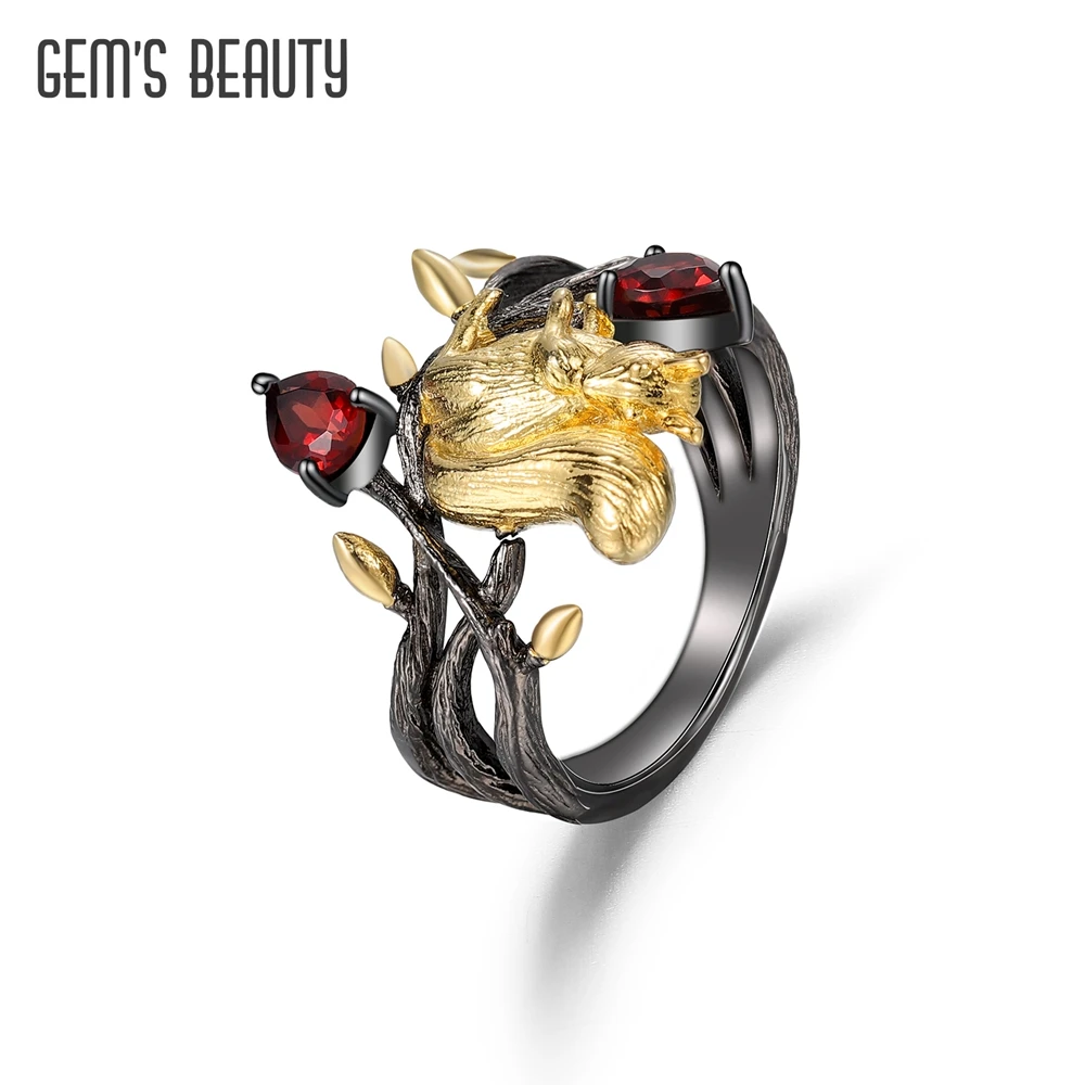 

GEM'S BEAUTY Squirrel 925 Sterling Silver Rings For Women Natural Garnet Gemstone Original Anillos Wedding Gifts Fine Jewelry