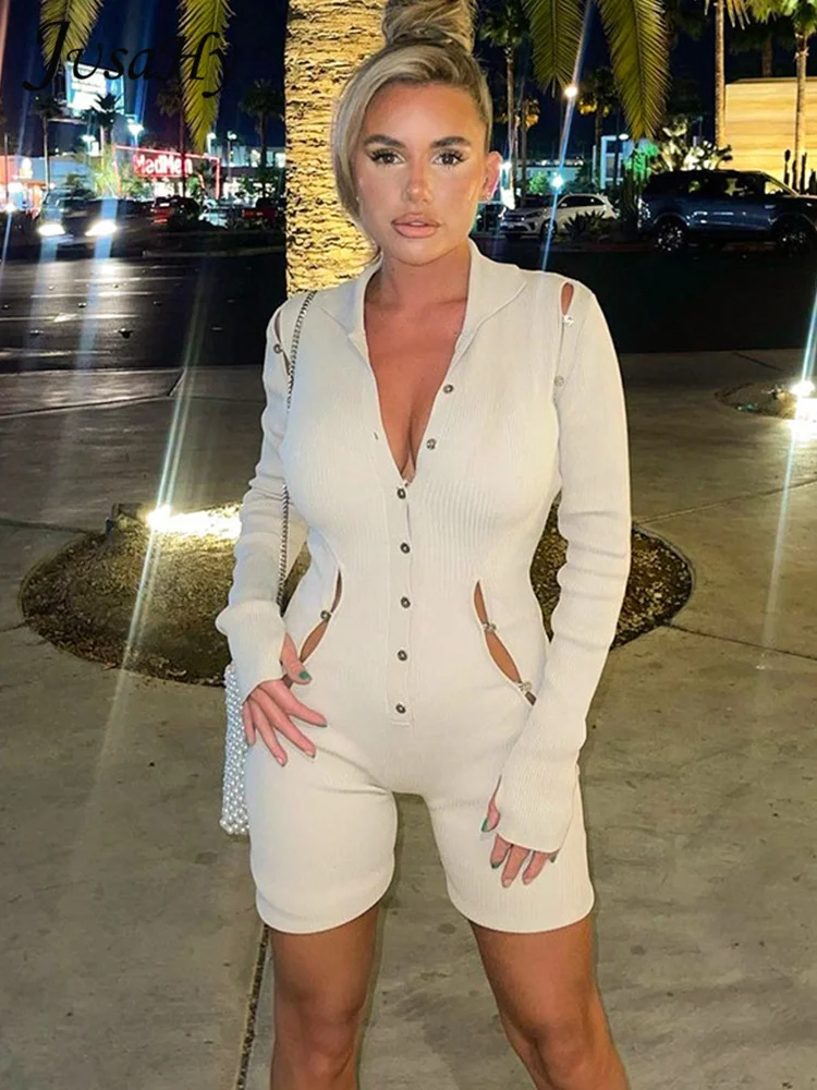 

JusaHy Women Early Autumn New Solid Sexy Simple Skinny Hollow Out Jumpsuit V-Neck Long Sleeve Buttons Decoration Streetwear