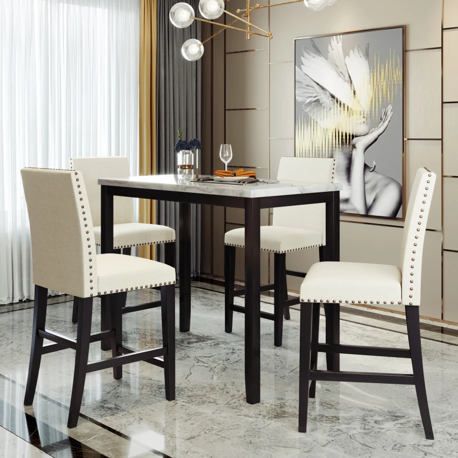 

Free Dropshipping 5 Piece Counter Height Faux Marble Modern Dining Set with Matching Chairs and Marble Veneer for Home