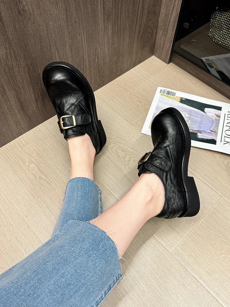 ...⭐Natural Leather Retro British Sle Thick Bottom Small Shoes Women New Spring Belt Buckle Single-Layer Flat...