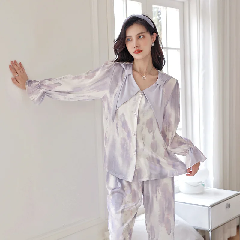 2023 Spring and Autumn Tie-dye Long-sleeved Home Service Bowknot Pajamas Set High-end Ice Silk Pajamas Women