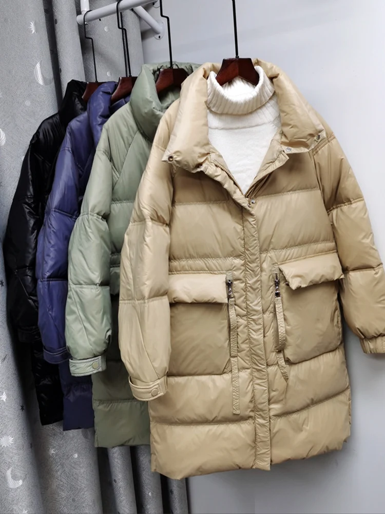 

2022 Long Winter Duck Down Coat Women Fashion Warm Thick Oversize Jackets Autumn Casual Black Pocket Parkas