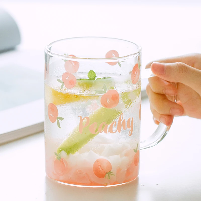 

Kawaii Pink Peach Transparent Glass Mug With Handle For Tea Drinking Beer Milk Juice Cups Heat Resistant Borosilicate Glass Cup