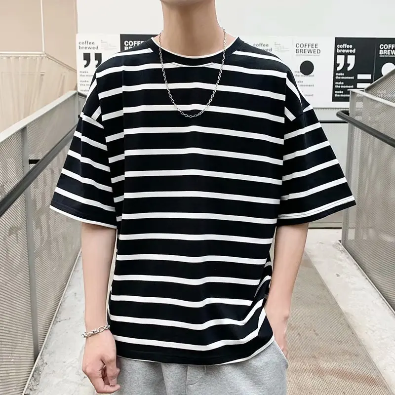 

Striped T-shirt men's tide brand trend ins small fresh couple jacket loose summer half sleeve short T men's round neck