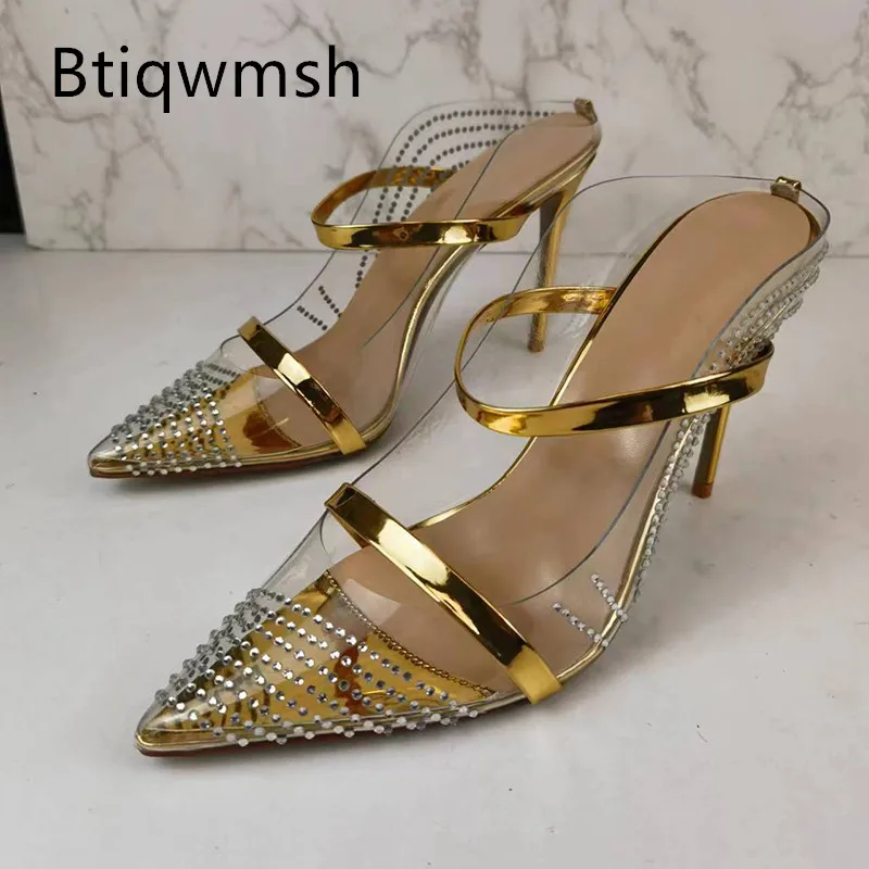 

Роскошные босоножки золотого цвета, женские босоножки с острым носком, бриллиантовые, фиолетовые, двойные ремни, тапочки на высоком каблуке, женская сексуальная обувь для вечеринки