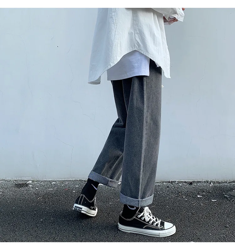 Men Korean Streetwear Wide Legs Baggy Jeans Mens Autumn Harajuku Vintage Blue Denim Pants Male Casual Cargo Pants Baggy Jeans